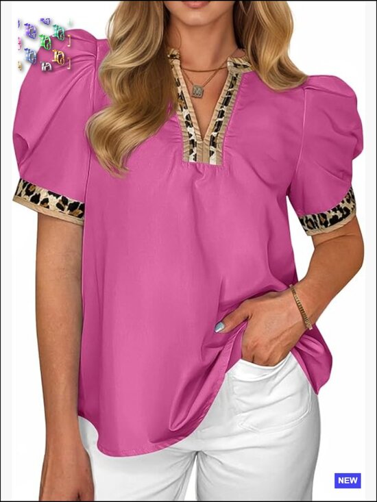 Tops - Puff Sleeve V Neck Color Block Blouse Dressy Casual Loose Fit T-Shirt Top